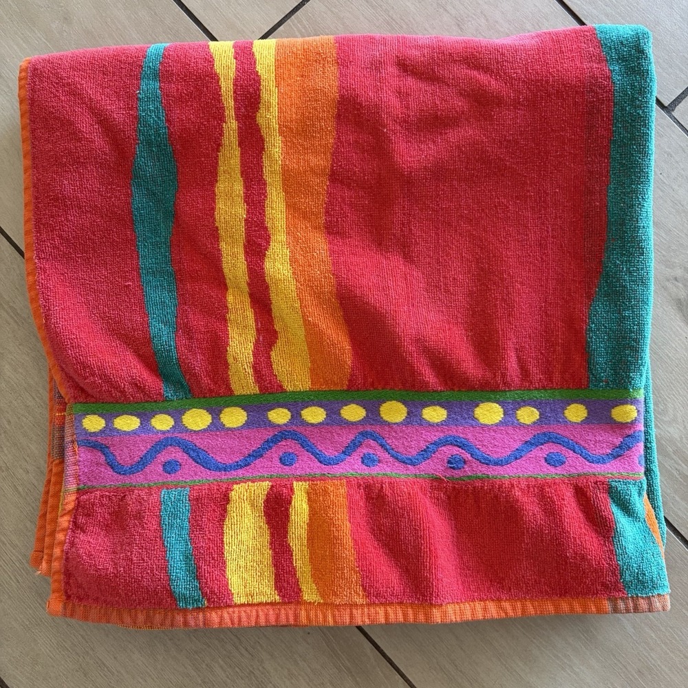 Vtg Franco Beach Towel Multicolor 90s Striped Made in Egypt Cotton Boho Summer